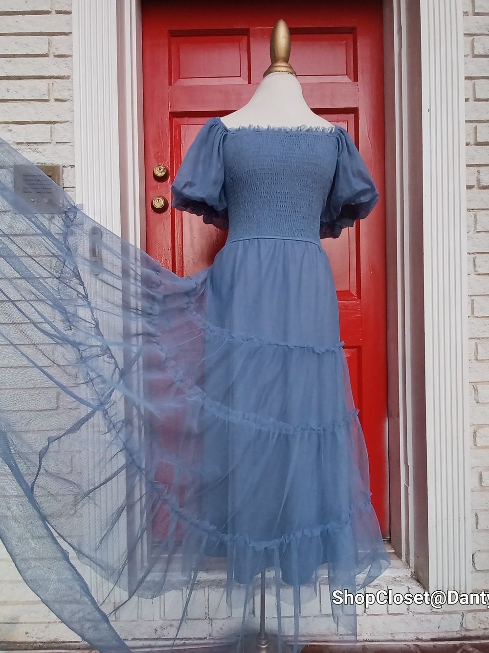 PrettyGarden Dusty Blue Off-Shoulder Tulle Midi Dress - Picture 3 of 14